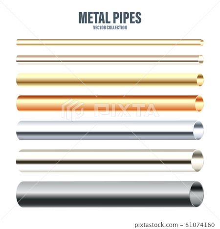 Steel and copper pipes collection. Construction material. Polished metal texture. Silver gradient 81074160