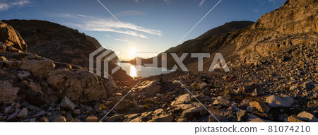 Panoramic View of Vibrant Colorful Glacier Lake up in Rocky Mountains Panoramic View of Vibrant Colorful Glacier Lake up in Rocky Mountains 81074210