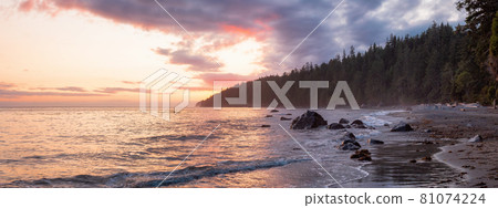 Panoramic View of Mystic Beach on the West Coast of Pacific Ocean. Panoramic View of Mystic Beach on the West Coast of Pacific Ocean. 81074224
