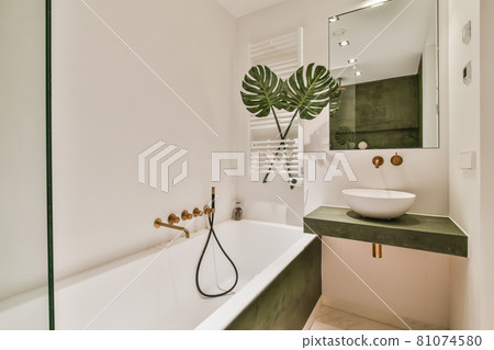 Beautiful bathroom with a big bathtub and white walls 81074580