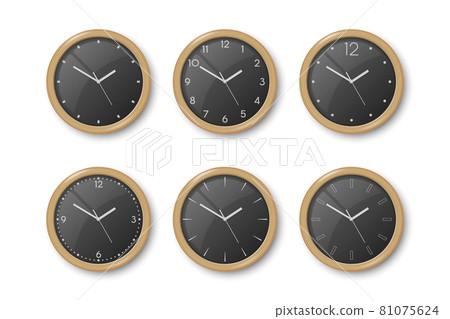 Vector 3d Realistic Dark Brown Wooden Wall Office Clock Icon Set Isolated on White. Black Dial. Design Template of Wall Clock Closeup. Mock-up for Branding and Advertise. Top, Front View 81075624