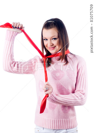 Young pretty woman with red tape over white 81075709