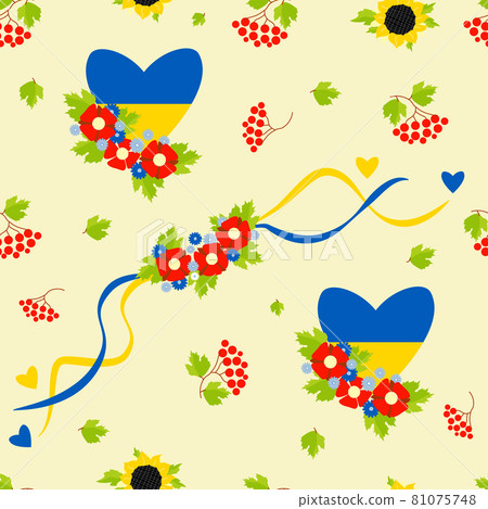 Seamless pattern with Ukrainian symbols. Yellow-blue heart with poppies and cornflowers, floral wreath with ribbons on yellow background with sunflowers and viburnum branches. Vector illustration. 81075748