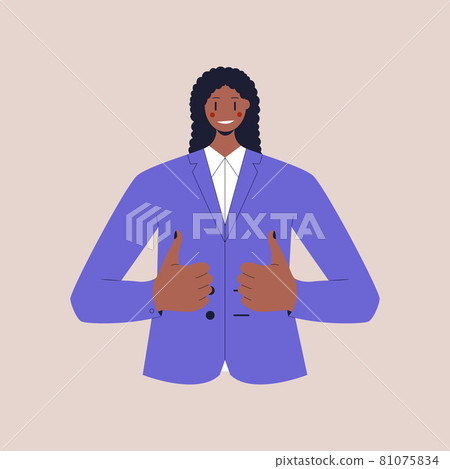 A black smiling woman in a business suit shows a thumbs up on both hands. Colorful flat vector illustration on isolated background. Eps 10. A black smiling woman in a business suit shows a thumbs up on both hands. Colorful flat vector illustration on isolated background. Eps 10. 81075834