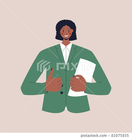 A black smiling woman in a business suit holds a folder with documents and shows a thumbs up. Colorful flat vector illustration on isolated background. Eps 10. 81075835