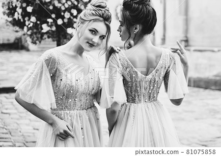 Two beautiful bridesmaids ladies in gorgeous elegant stylish light grey silver floor length open back dresses in old beautiful European city on a wedding day. 81075858