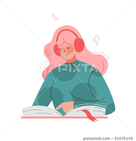 Podcast or Spoken Episodic Serie Listening with Pink Haired Woman Character in Headphones Reading Book Vector Illustration Podcast or Spoken Episodic Serie Listening with Pink Haired Woman Character in Headphones Reading Book Vector Illustration 81076159