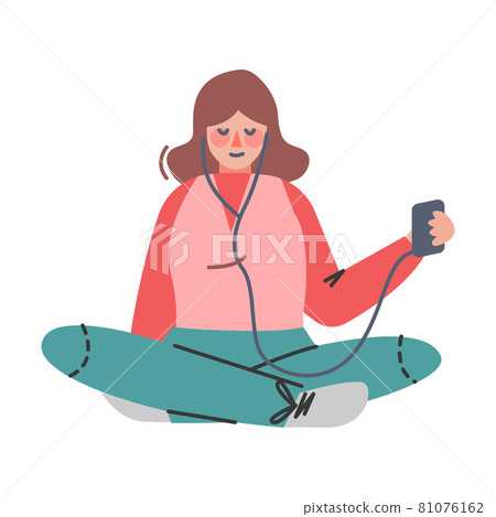 Podcast or Spoken Episodic Serie Listening with Woman Character Sitting Cross Legged with Earphones and Smartphone Vector Illustration 81076162