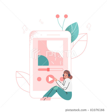 Podcast or Spoken Episodic Serie Listening with Woman Character in Headphones and Huge Playback Device Vector Illustration Podcast or Spoken Episodic Serie Listening with Woman Character in Headphones and Huge Playback Device Vector Illustration 81076166