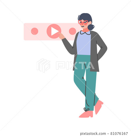 Podcast or Spoken Episodic Serie Listening with Woman Character Pressing Huge Play Button Vector Illustration Podcast or Spoken Episodic Serie Listening with Woman Character Pressing Huge Play Button Vector Illustration 81076167