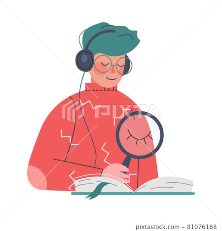Podcast or Spoken Episodic Serie Listening with Man Character with Headphones and Magnifying Glass Reading Book Vector Illustration Podcast or Spoken Episodic Serie Listening with Man Character with Headphones and Magnifying Glass Reading Book Vector Illustration 81076168