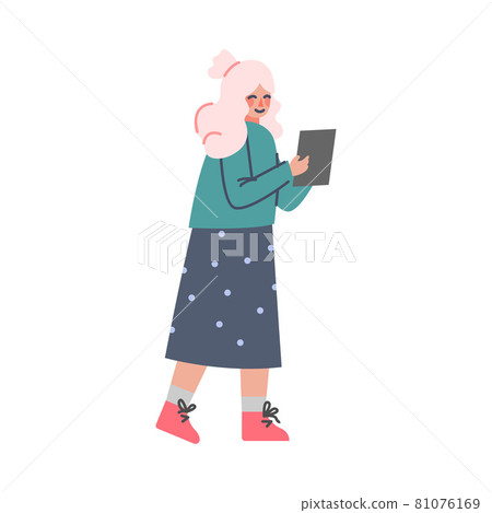 Young Blond Woman Walking with Tablet PC Listening to Podcast Vector Illustration Young Blond Woman Walking with Tablet PC Listening to Podcast Vector Illustration 81076169