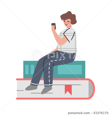 Podcast or Spoken Episodic Serie Listening with Man Character Sitting on Huge Book Vector Illustration 81076170