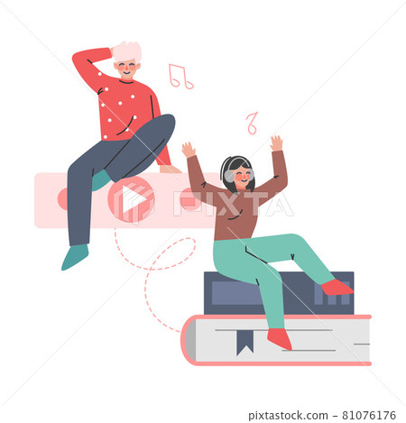 Podcast or Spoken Episodic Serie Listening with Man and Woman Character Wearing Headphones Sitting on Huge Book Vector Illustration Podcast or Spoken Episodic Serie Listening with Man and Woman Character Wearing Headphones Sitting on Huge Book Vector Illustration 81076176