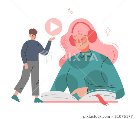 Podcast or Spoken Episodic Serie Listening with Man and Woman Character with Headphones Pressing Play Button and Reading Book Vector Illustration Podcast or Spoken Episodic Serie Listening with Man and Woman Character with Headphones Pressing Play Button and Reading Book Vector Illustration 81076177