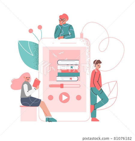 Podcast or Spoken Episodic Serie Listening with Man and Woman Character Near Huge Playback Device Vector Illustration Podcast or Spoken Episodic Serie Listening with Man and Woman Character Near Huge Playback Device Vector Illustration 81076182
