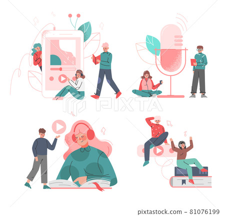 People Characters Listening to Podcast in Headphones Vector Set 81076199