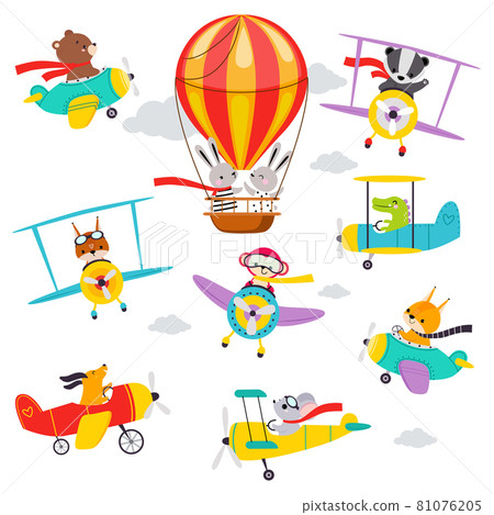 Cute Animals Flying on Airplane and Helicopter Vector Set 81076205