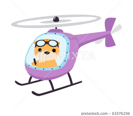 Cute Tiger Animal with Goggles Flying on Helicopter with Propeller Vector Illustration Cute Tiger Animal with Goggles Flying on Helicopter with Propeller Vector Illustration 81076206