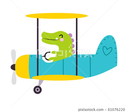 Cute Green Crocodile Flying on Airplane with Propeller Vector Illustration Cute Green Crocodile Flying on Airplane with Propeller Vector Illustration 81076220