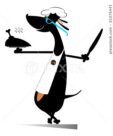 Cartoon dog a cook illustration. Comic dog carries a tray with meat and a big knife isolated on white Cartoon dog a cook illustration. Comic dog carries a tray with meat and a big knife isolated on white 81076445