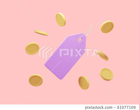 3d price tag with floating coins around isolated on blush pink background. Discount coupon. Concept of online sale. 3d rendering illustration of promo tag coupon, sale voucher 81077109