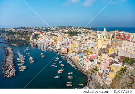 Aerial drone view of Italian island Procida. Marina Corricella and fort Aerial drone view of Italian island Procida. Marina Corricella and fort 81077129