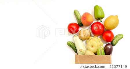 shopping, online, delivery, service, concept, vegetables, fruits, paper, bag, tomato, cucumber, squash, pepper, lemon, eggplant, zucchini, banana, peach, grocery, background, supermarket, fresh, food 81077149