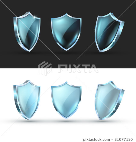 Realistic glass shield vector illustrations. Empty blank transparent blue acrylic glass panel with 81077150