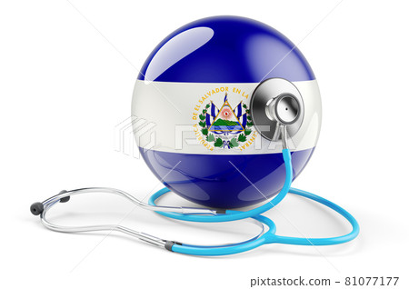 Salvadoran flag with stethoscope. Health care in El Salvador concept, 3D rendering Salvadoran flag with stethoscope. Health care in El Salvador concept, 3D rendering 81077177