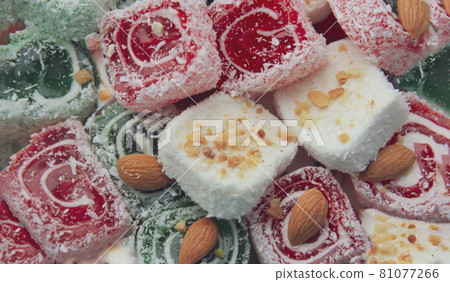 Turkish delight in red, white and green colors close-up. Travel and tourism concep 81077266
