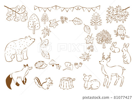 Illustration set of autumn forest and animals Hand-drawn line drawing Illustration set of autumn forest and animals Hand-drawn line drawing 81077427