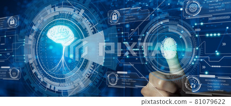 Protect intellectual property with Biometric security. Converging technology with glowing human brain hologram. Intellectual property protection or Patent idea protection Concept. 81079622