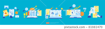 chart document data report concept for business statistics set, investment analysis, planning research and finance audit accounting with paper sheet, hands, magnifier, paperwork, chart, graphs element 81081470