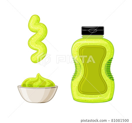 Wasabi in bottle and bowl the set is isolated on a white background. Sauce spilled strips and spots. Vector illustration in the cartoon style. Wasabi in bottle and bowl the set is isolated on a white background. Sauce spilled strips and spots. Vector illustration in the cartoon style. 81081500