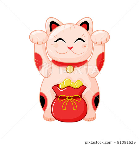 Japanese cat maneki Neko with raised paws and a bag of gold coins. Cute lucky cat. A symbol of wealth. Vector illustration. 81081629