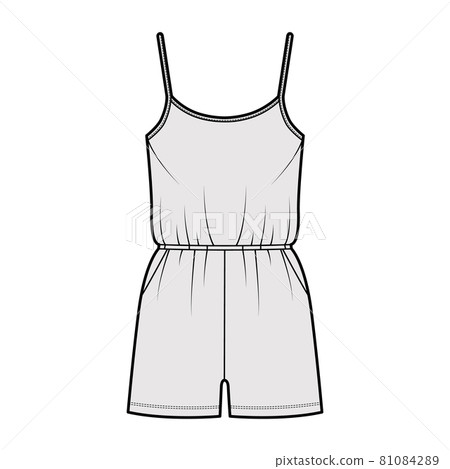 Camisole jumpsuit Dungaree overall technical fashion illustration with mini length, elastic waist, oversized, pockets 81084289