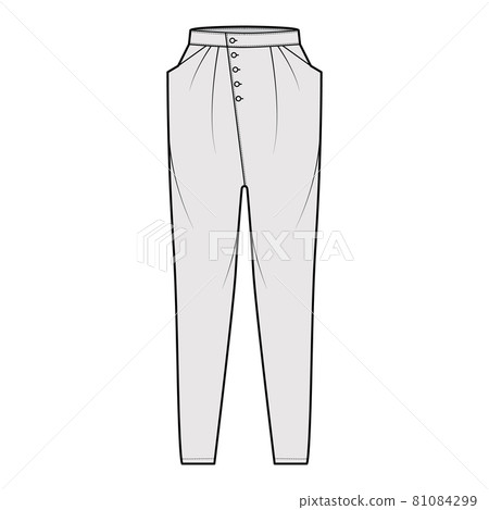 Tapered Baggy pants technical fashion illustration with low waist, rise, slash pockets, draping front, full lengths Flat 81084299
