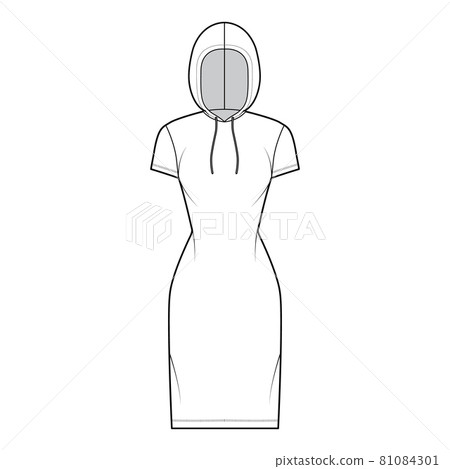 Hoody dress technical fashion illustration with short sleeves, knee length, fitted body, Pencil fullness. Flat apparel Hoody dress technical fashion illustration with short sleeves, knee length, fitted body, Pencil fullness. Flat apparel 81084301