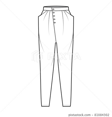 Tapered Baggy pants technical fashion illustration with low waist, rise, slash pockets, draping front, full lengths Flat Tapered Baggy pants technical fashion illustration with low waist, rise, slash pockets, draping front, full lengths Flat 81084302