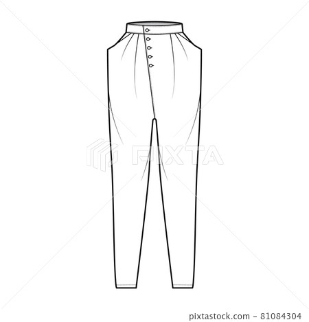 Tapered Baggy pants technical fashion illustration with normal waist, high rise, slash pockets, draping, full lengths Tapered Baggy pants technical fashion illustration with normal waist, high rise, slash pockets, draping, full lengths 81084304