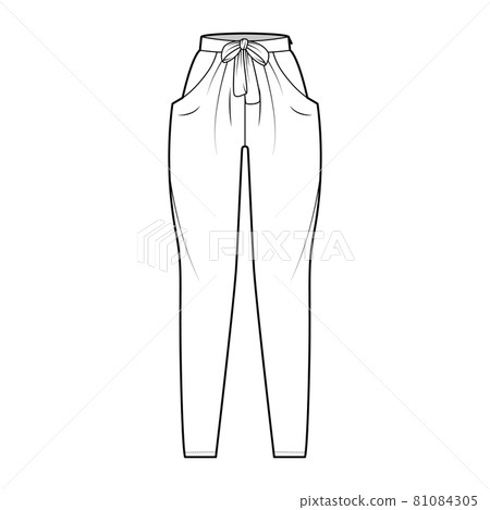 Harem pants technical fashion illustration with bow, normal waist, high rise, slash pockets, draping front, full lengths Harem pants technical fashion illustration with bow, normal waist, high rise, slash pockets, draping front, full lengths 81084305