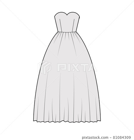 Crinoline dress technical fashion illustration with strapless sweetheart neckline, long floor length, full skirt. Flat Crinoline dress technical fashion illustration with strapless sweetheart neckline, long floor length, full skirt. Flat 81084309