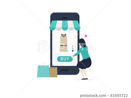 Illustration material of a young woman who pops from a smartphone on an online shopping site Illustration material of a young woman who pops from a smartphone on an online shopping site 81085722