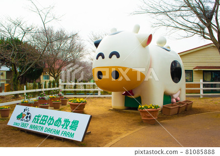 Signboard cow at the entrance of Narita Dream Farm 81085888