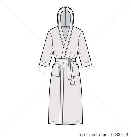 Bathrobes hooded Dressing gown technical fashion illustration with wrap opening, knee length, tie, pocket, elbow sleeves Bathrobes hooded Dressing gown technical fashion illustration with wrap opening, knee length, tie, pocket, elbow sleeves 81086359