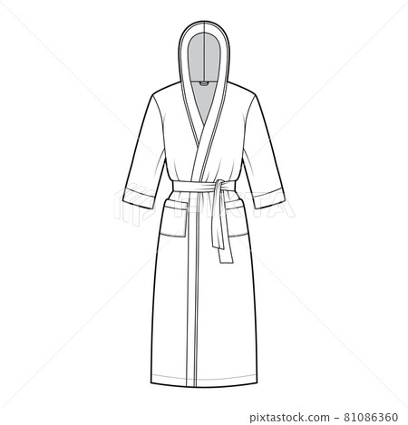 Bathrobes hooded Dressing gown technical fashion illustration with wrap opening, knee length, tie, pocket, elbow sleeves Bathrobes hooded Dressing gown technical fashion illustration with wrap opening, knee length, tie, pocket, elbow sleeves 81086360