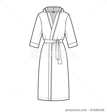 Bathrobes hooded Dressing gown technical fashion illustration with wrap opening, knee length, tie, pocket, elbow sleeves Bathrobes hooded Dressing gown technical fashion illustration with wrap opening, knee length, tie, pocket, elbow sleeves 81086366