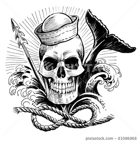 Dead sailor skull and whale tale in sea water. Ink black and white drawing Dead sailor skull and whale tale in sea water. Ink black and white drawing 81086868