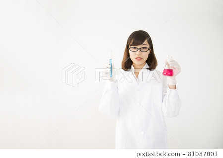 A young woman looking at the camera in a lab coat with a flask and an examiner 81087001